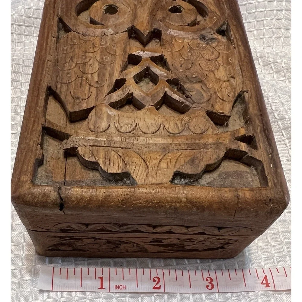 Vintage Hand Carved Wooden Rectangular Decorative Box Owl Floral Pattern, Small‎